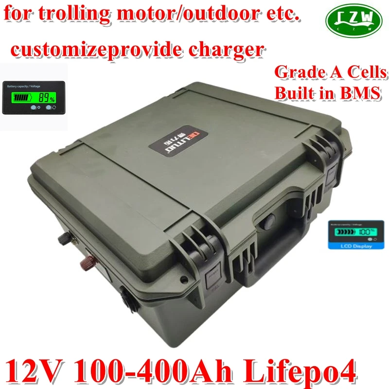 

czw LiFePO4 12V 100AH 120Ah 150Ah 180Ah 200Ah 250Ah 300Ah 400Ah Lithium Battery for 1000W Trolling Motor Solar Panel Outdoor RV
