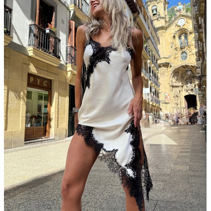 MUJER Satin Lace Slip Dress Woman Sexy Backless Mini Dress Women Asymmetric Evening Dresses for Women Yellow Black Women's Dress