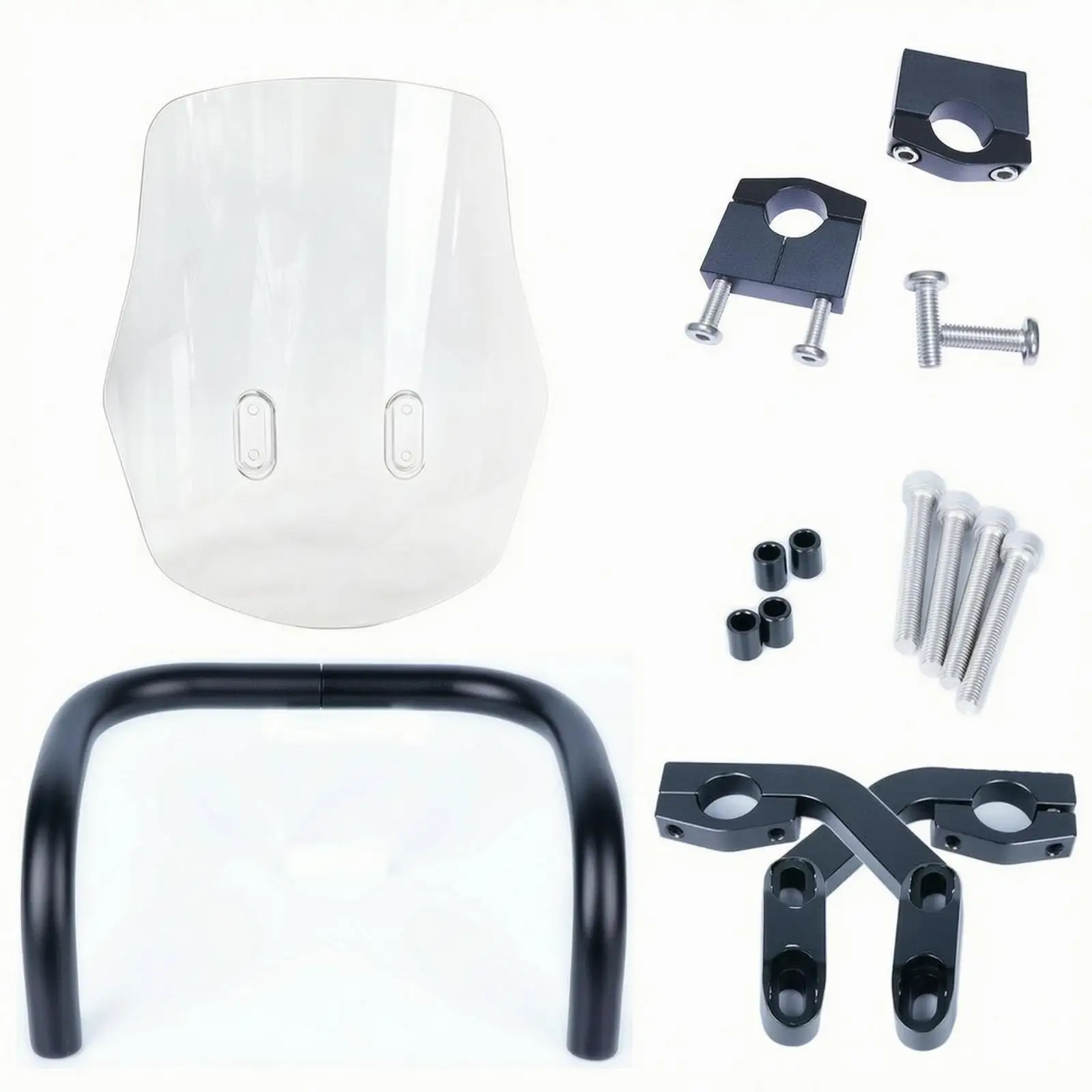 Clear Motorcycle Windshield Replacement with Black Metal Frame Clamps and Screws for Round Bar Handlebars Wind Protection