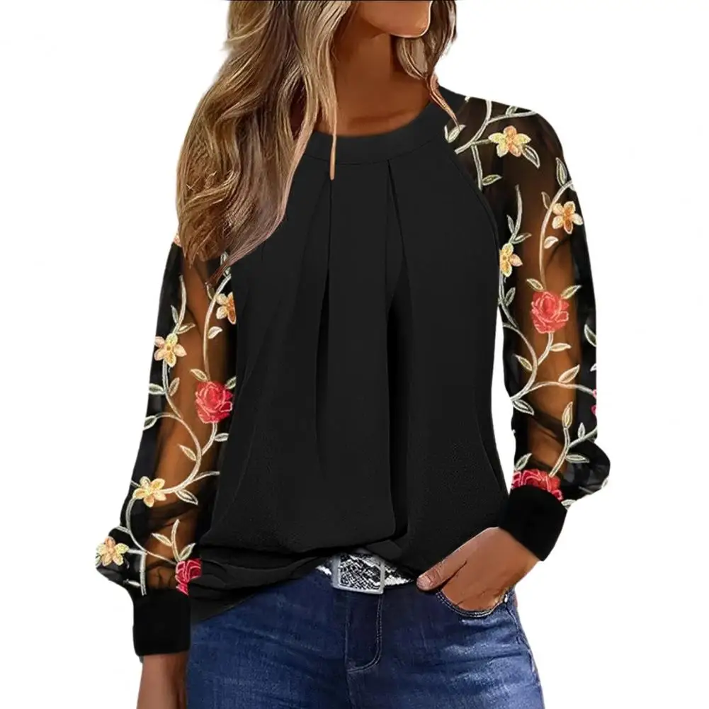 Spring Autumn Tops Flower Dot Print Puff Lace Long Sleeve Blouse Women's Casual O-neck Work Tops Loose Fit Streetwear Women