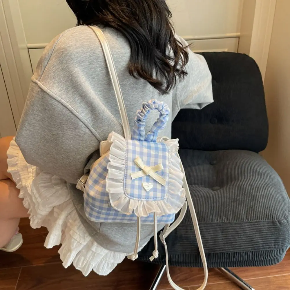 

Multi Functional Korean Style Lace Plaid Backpack Canvas Travel Cherry Backpack Book Bag Large Capacity Bow Shoulder Bag College
