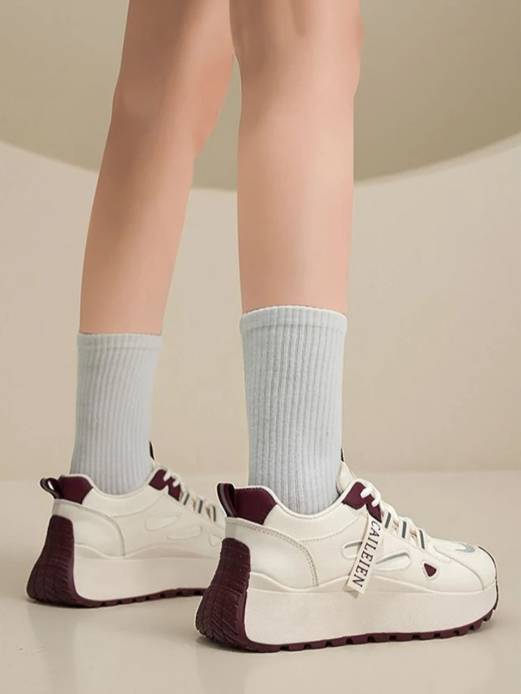 2026 Spring Autumn Women Breathable Sneakers Korean Style Versatile Thick Sole Height Boost Casual White Chunky Dads