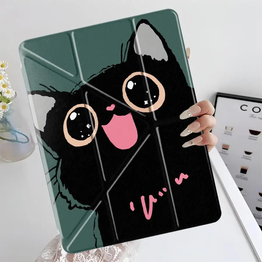 

Cute Little Black Cat Y-Fold Holder Cover Tablet Case For iPad Pro 2025 Mini 6 7 Air 4 5 M3 M2 1 2 M4 11inch Pro 11th 10th 9th