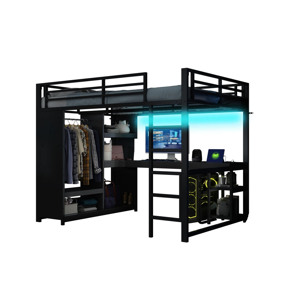 Metall-Gaming-Hochbett mit LED und Schreibtisch Modernes Kinder-Etagenbett mit Offenem Kleiderschrank Aufbewahrungsboxen Schwarz Ideal für Kinderschlaf und -spiel