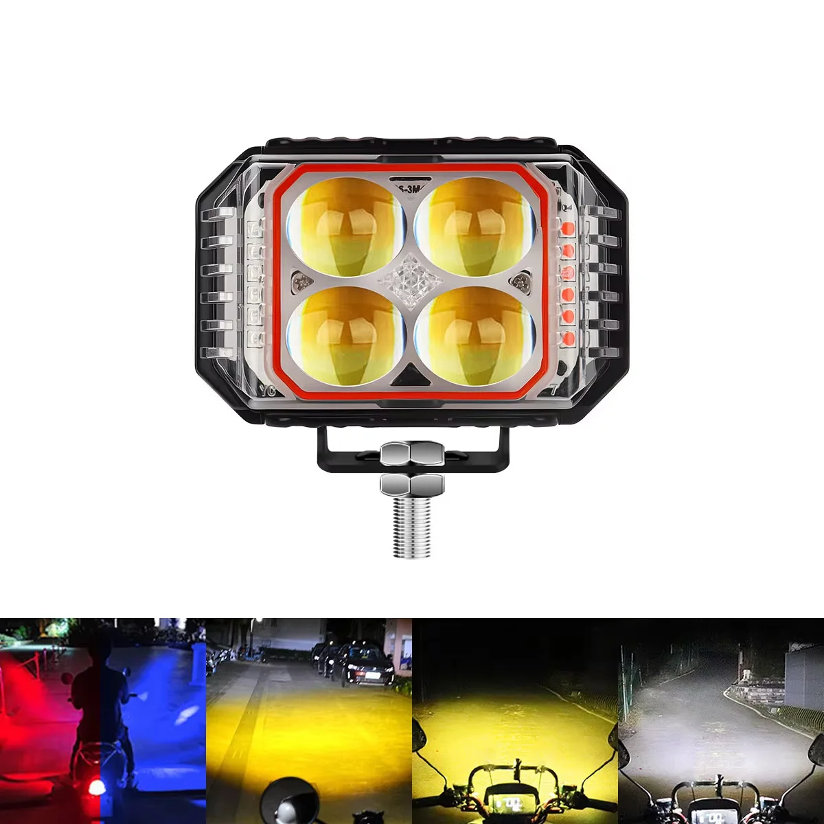1/2PCS 4 LED Motorcycle Spotlights Lens Headlights Dual Color High Low Beam Red Blue Strobe Light for Dirt Bike SUV UTV ATV Car