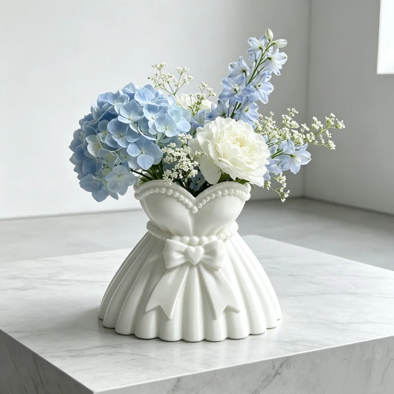 Cute Pearl-Edged Princess Skirt-Style Decorative Vase, Girly Style Flower Arrangement Bucket, Multifunctional Makeup Brush Storage Holder, Indoor Desktop Home Decoration Ornament