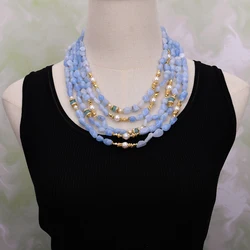 G-G 5 Strands Natural Blue Aquamarine Nugget White Pearl Necklace Multi Rows Jewelry Fashionable Gifts For Women