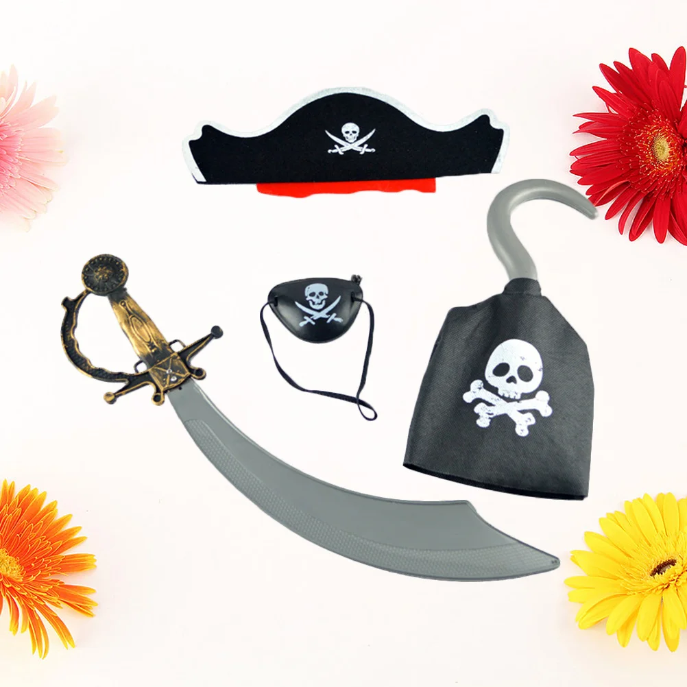 4Pcs Pirate Costume Set Halloween Masquerade Party Eye Patch Headdress Hook Knife Pirate Props Supplies Halloween Party Supplies