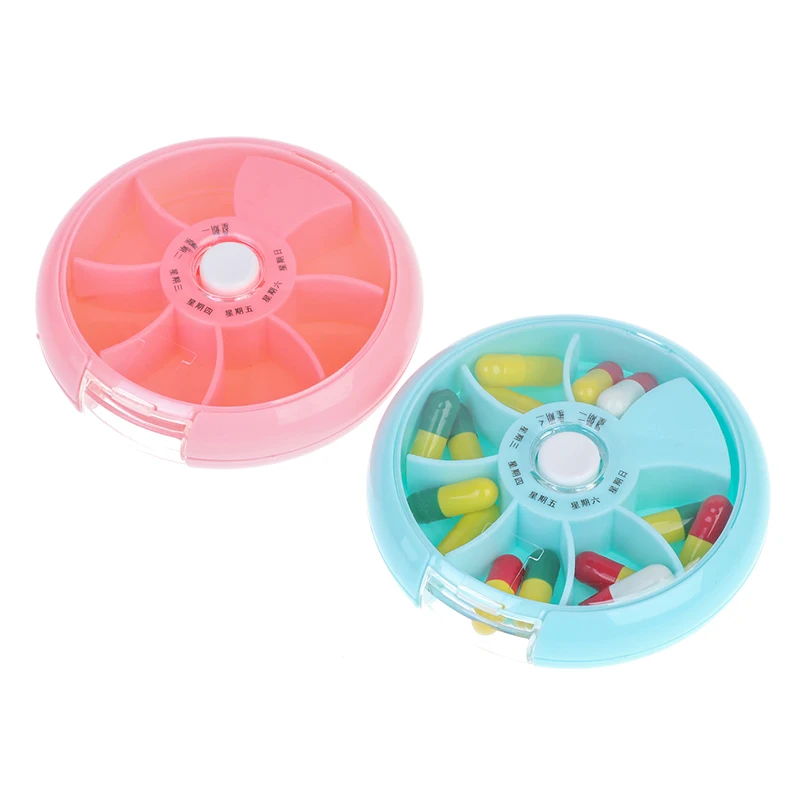 Circular Rotating Pill Box 7 Slots Round Daily Weekly Tablet Pill Splitters