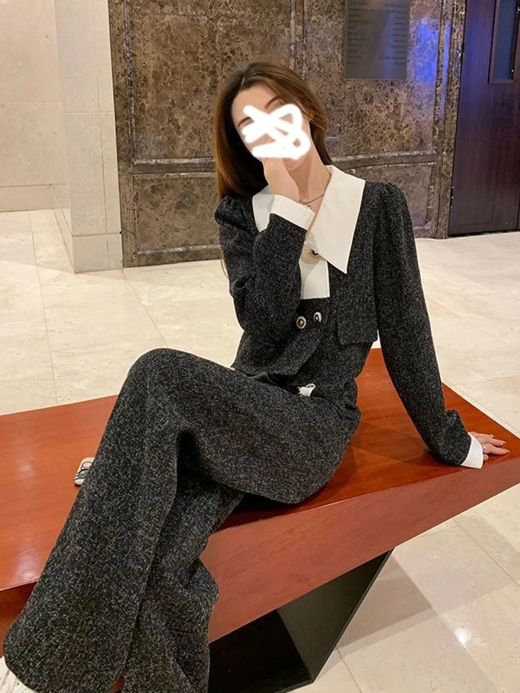 Winter Two Piece Sets for Women Lapel Patchwork Short Coats Top Wide Leg Casual Pants 2025 Korean Fashion Womens Outfits ZT235