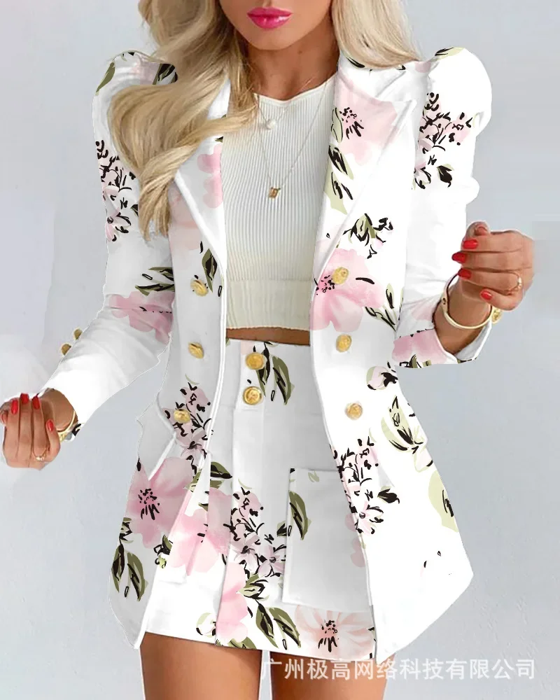 Floral Print Puff Sleeve Double Breasted Blazer Coat & Skirt Set Women Spring Summer 2pcs Flower Jacket Skirt Business Lady