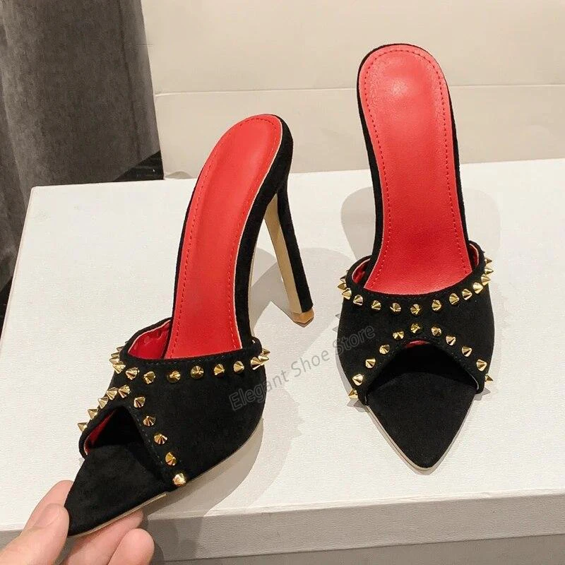 Black Suede Rivet Slippers Sexy Peep Toe Stiletto Shoes Gold Rivets Thin High Heels Fashion Party Banquet Female Shoes Plus Size