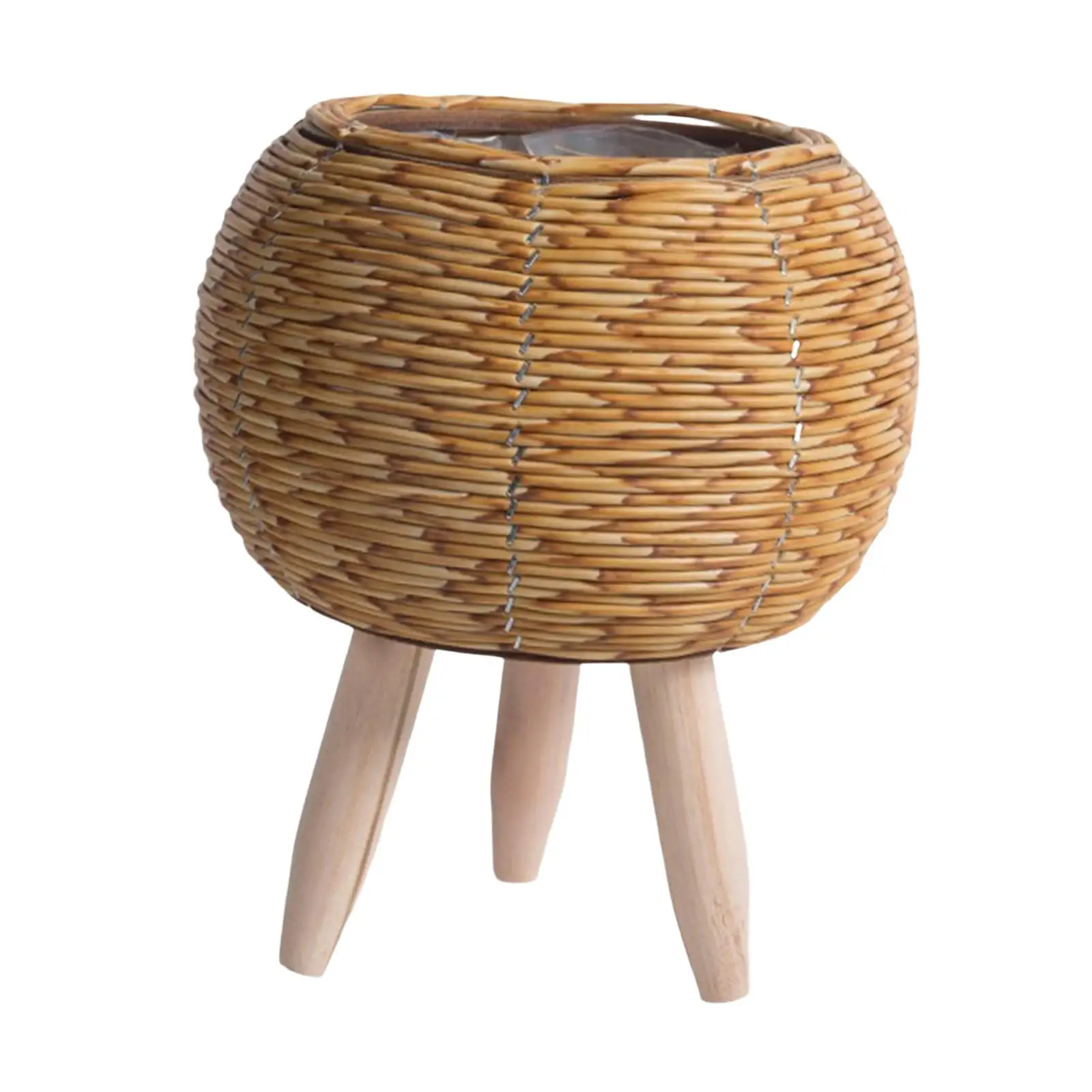 Home Ornaments Basket with Wooden Stand Rattan Flowerpot Organizer Decorative Planter Pot for Bedroom Office Garden Furniture
