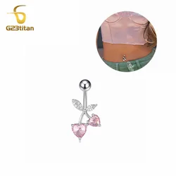 Cute Cherry Bellybutton Ring Pink Zircon Heart Fruit 6-16mm 14G Surgical Titanium Navel Piercing Bar Women Sexy Body Jewelry