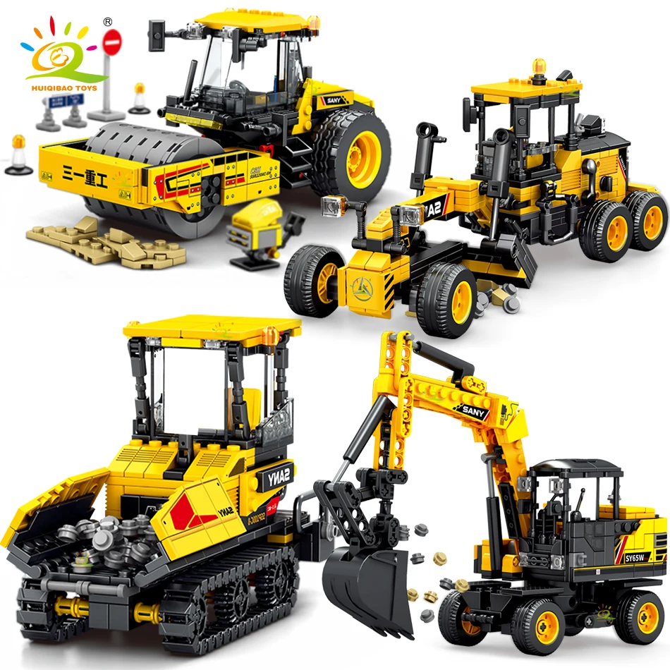 HUIQIBAO City Engineering Series Vehicle Excavator Building Blocks Car Road Roller Pavers Construction Bricks Toys for Children