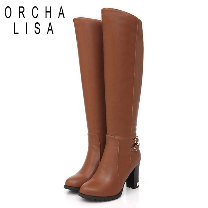 ORCHA LISA Women Winter Thick Fur Knee High Heel PU Leather Ridding Boots Zipper Long Chunky Heels Botas Feminina Black Brown