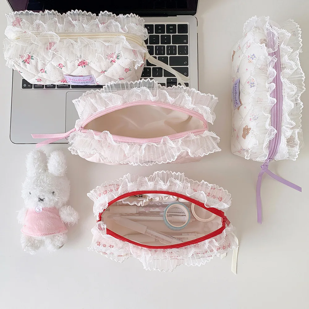 Korean Version Cartoon Bear Lace Pencil Case Student School Stationery Fashion Girl Large Capacity Storage Bag Makeup Bag Gifts