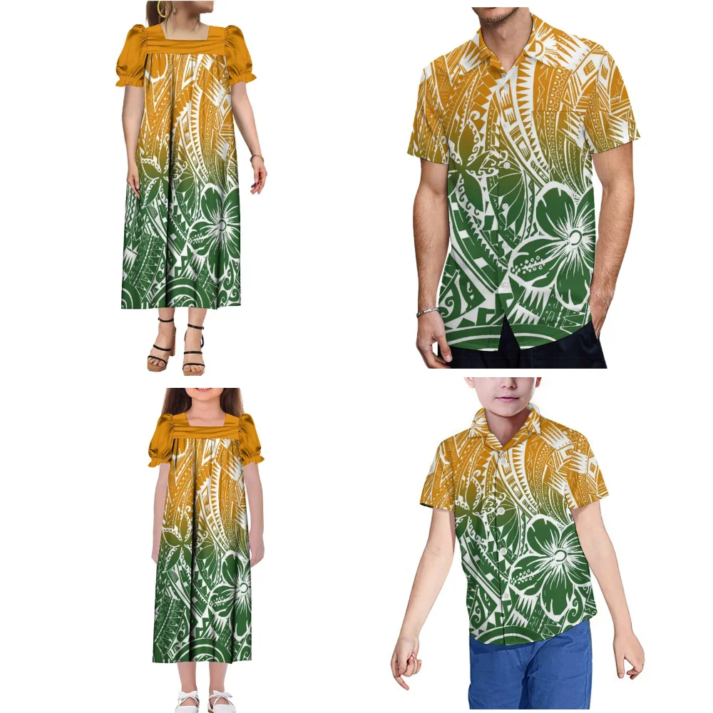 Family Party Clothing Summer Short Sleeve Women Girls Mumu Dress Men Boys Shirt Polynesian Tribal Grain Custom Suit