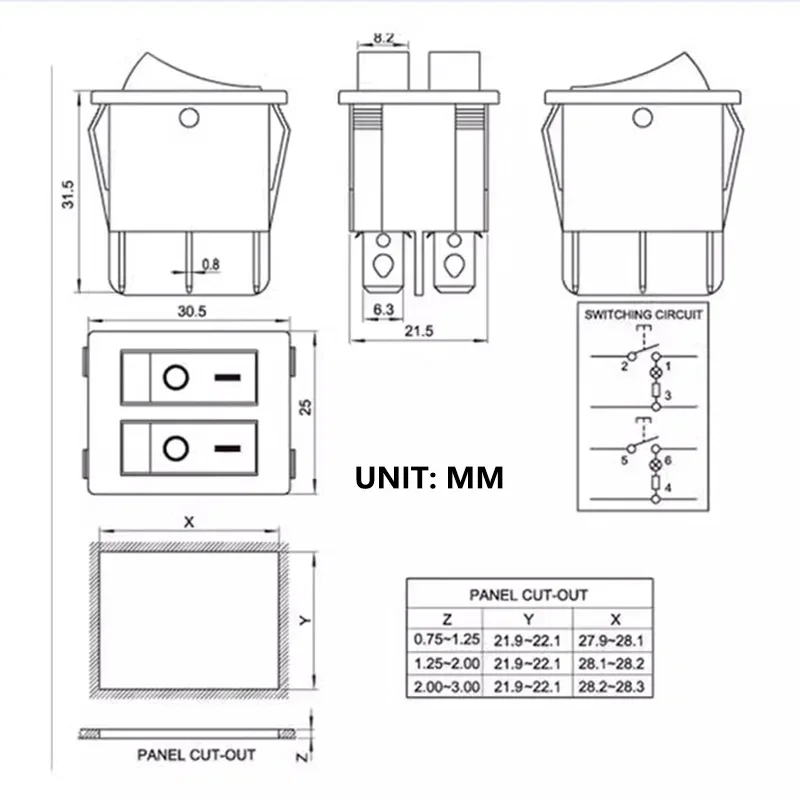 5/20PCS KCD3 Double Boat Rocker Switch Toggle 6 Pin On-Off With Green Red Light 20A 125VAC 16A 250V Power Dual Push Button KCD6