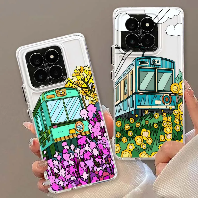 Cartoon Train Spring Flowers Cover For Xiaomi 17 15 15T 14 14T Pro Max Ultra Lite Protective Transparent Phone Case
