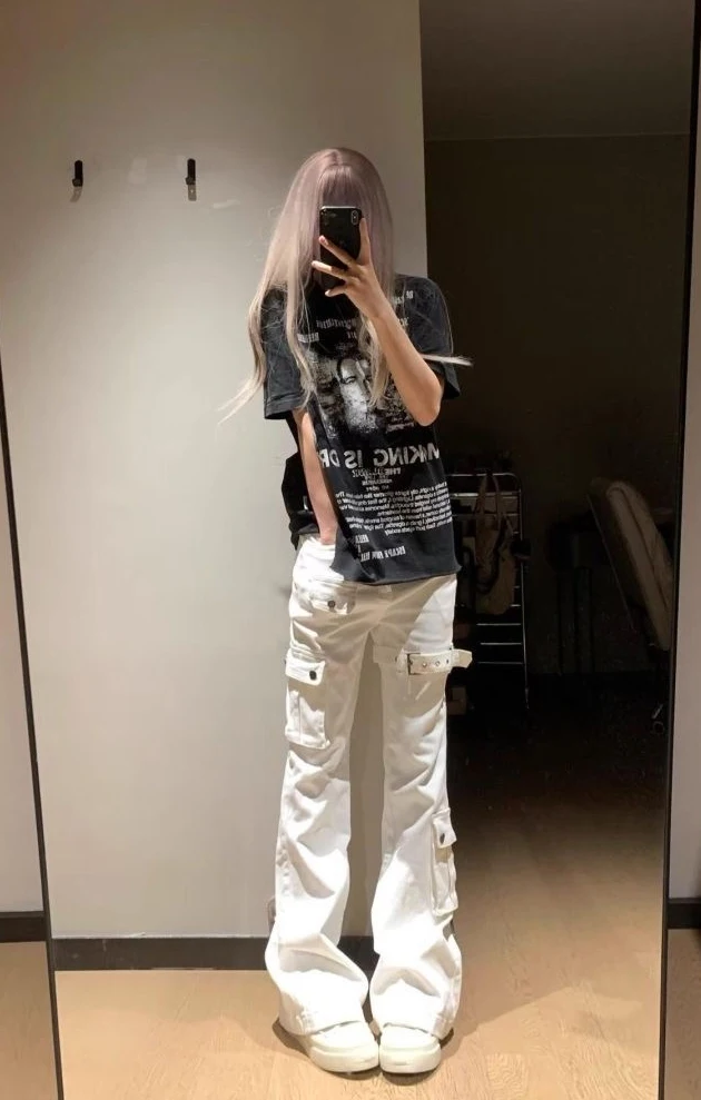 กางเกงคาร์โก้ผู้หญิง สไตล์พังก์ ฤดูใบไม้ผลิ ผ้าไนลอน หลายชั้น เรียบง่าย ศิลปะ ความงามแบบอาร์ต ลุคคนเมือง ลายถัก น้ำหนักเบา ทรงโอเวอร์ไซส์