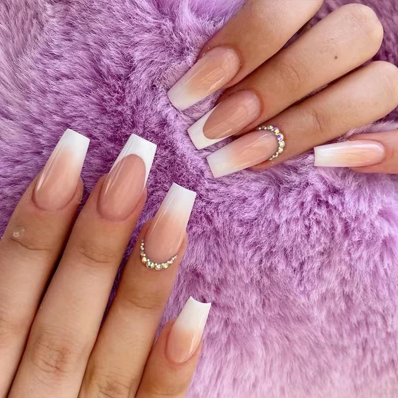24Pcs/Set French Long Ballet Fake Nails Removable Acrylic Press on Nail Full Cover Adhesive Square Head Wearing False Nails Art