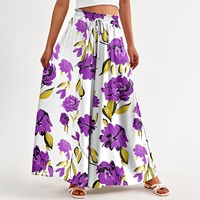 Women's summer wide leg pants high waisted flowing long pants with pockets fashion bohemian printed beach pants loose trousers