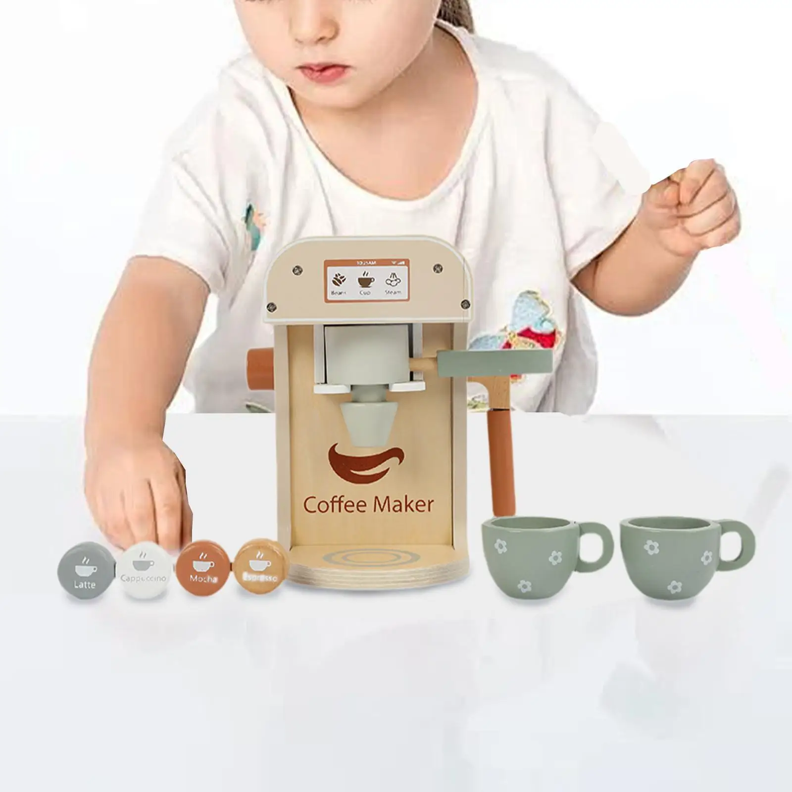 

Wooden Coffee Maker Set Pretend Play Kitchen Accessory for Children Ages 3+