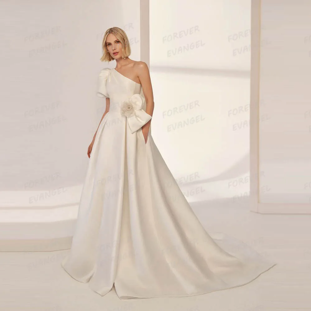 

Simple Satin Wedding Dresses A Line Woman's Bride Gowns One Shoulder Sexy High Split Vestidos De Novia Customized Robe De Mariée