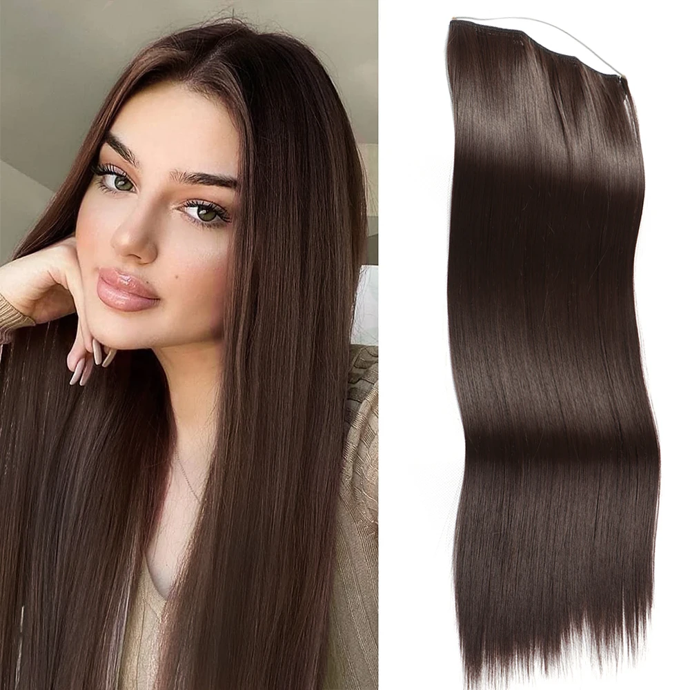 

Synthetic No Clip Long Straight Invisible Wire Natural Hair Extensions Black Brown Blonde False Hair Piece Fish Line Hairpiece