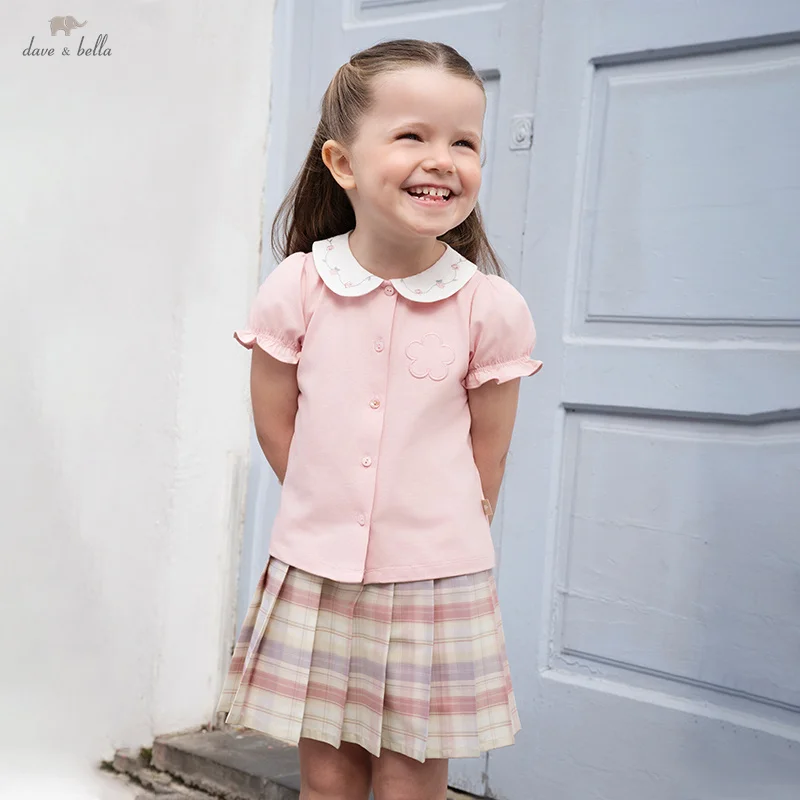 Dave Bella Girls Two Piece Set Children Suit Summer Short Sleeve Pink Shirt Top Grid Half Skirt Casual Clothing Sets DB2252214