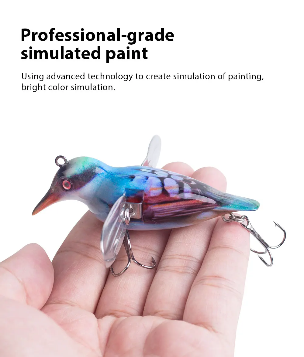 Hanlin 80mm/12g Vogel-Topwater-Popper-Köder, schwimmender Angelköder, Hartplastik-Metallflügel-Wobbler, Swimbait, Pesca, Hecht- und Barsch-Angelausrüstung – Detail 6