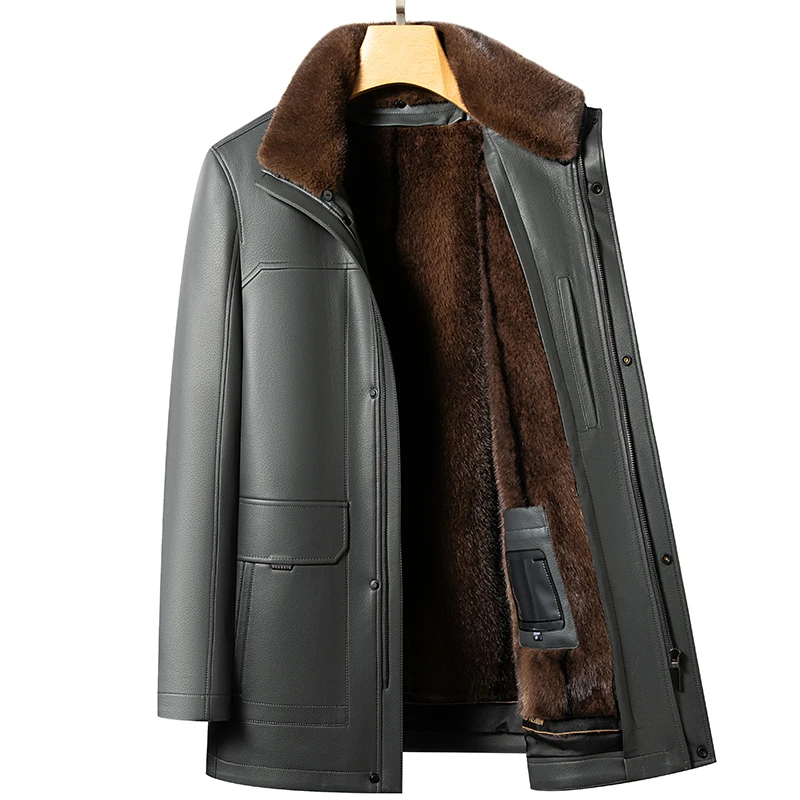 YN-2398 Natural Leather Pie Overcomes Men\'s Winter Mink Fur Collar+Detachable Inner Liner High-end Coat Windproof And Warm