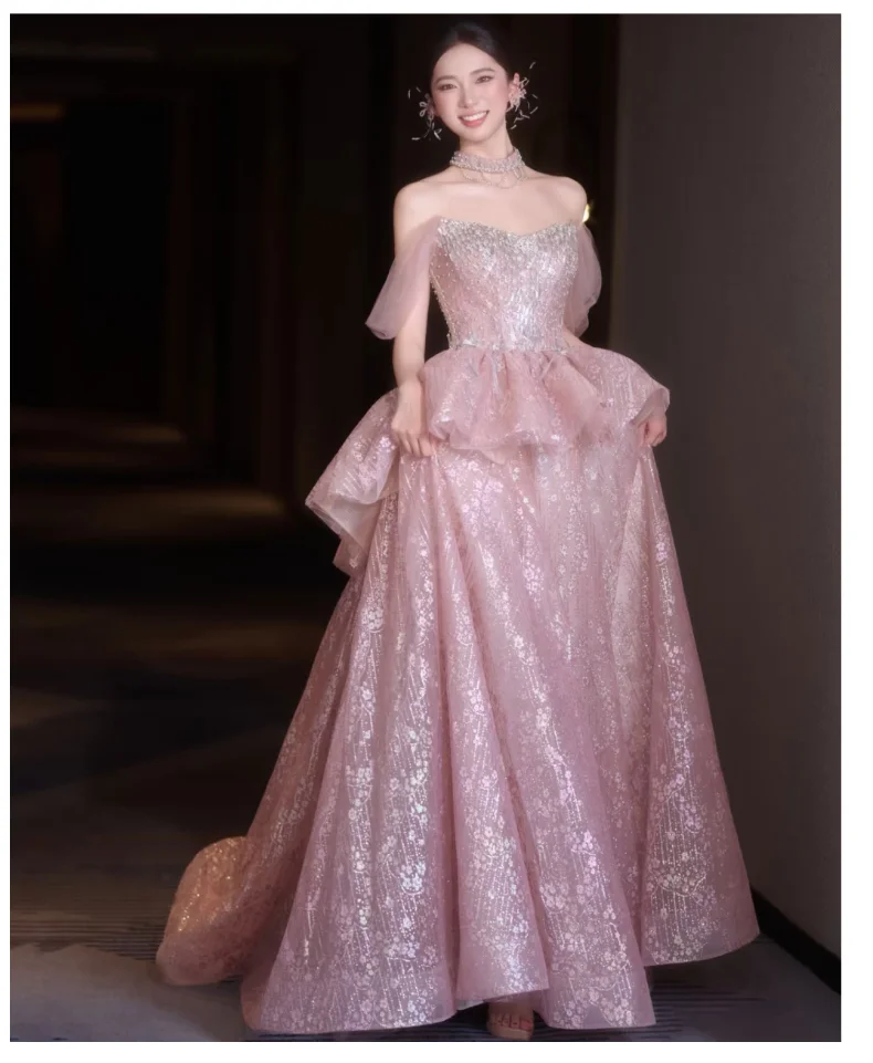 Glänzendes rosa Abendkleid, schulterfrei, hohe Taille, Ballkleider, Schichten, Tüll, Partykleider