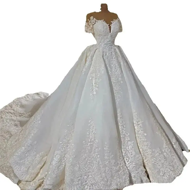 

Customized Graceful Scoop Neck Short Sleeves Lace Appliques Wedding Dress Sweep Train Ballgown Robe De Mariée Wedding Gowns