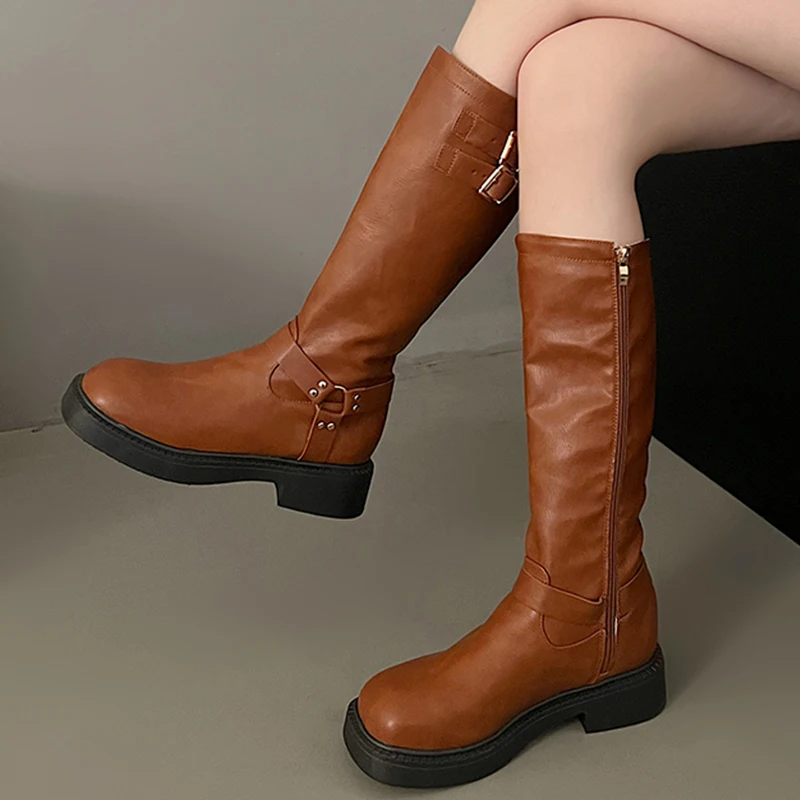 Bottes hautes au genou pour femmes, chaussures à plateforme plate, chaussures de marche décontractées pour femmes, chaussures de voyage pour dames, mode habillée, hiver, nouveau, 2024