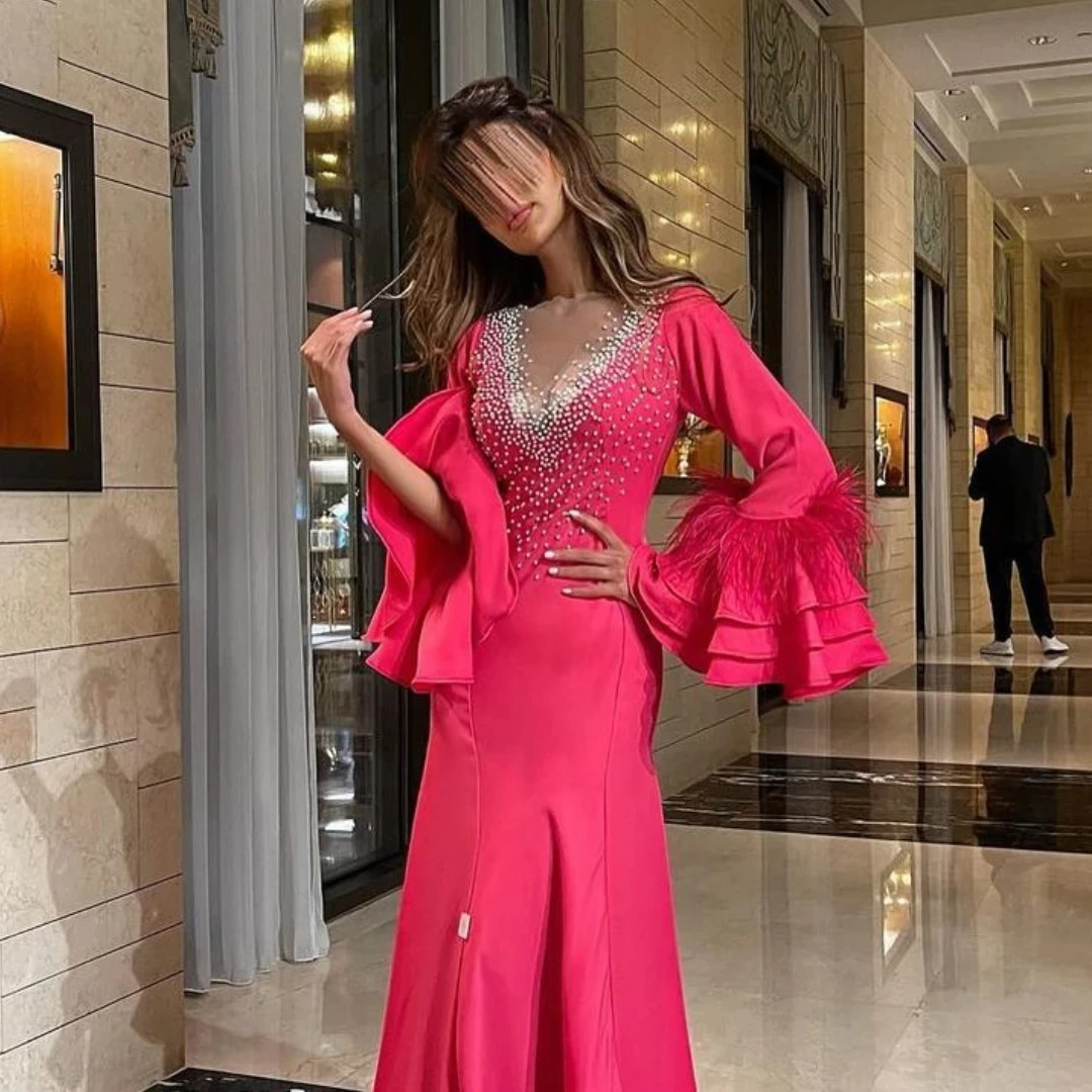 Jirocum حورية البحر تول الخامس الرقبة فساتين حفلات المرأة مطرز ريشة كم طويل حفلة ثوب مسائي طول الأرض مناسبة رسمية فستان