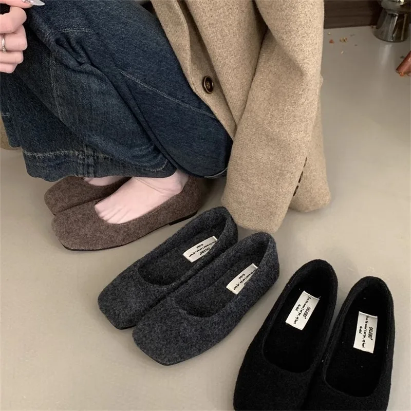 

Fashion Square Toe Fleece Flet Ballet Flats Woman Winter Warm Wool Mary Jane Shoes Ladies Brand Design Elegant Plush Loafers