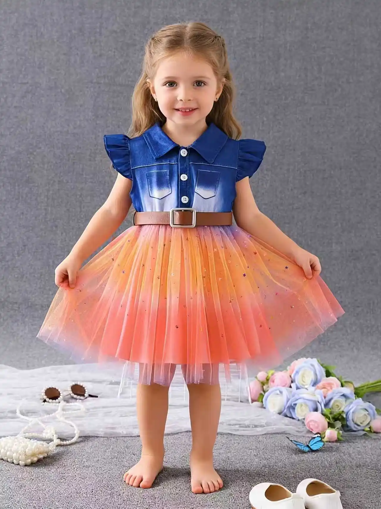 

Cute Girl Denim Gradient Dress Short Ruffled Sleeve Tulle Skirt with Belt Toddler Party Casual Dress