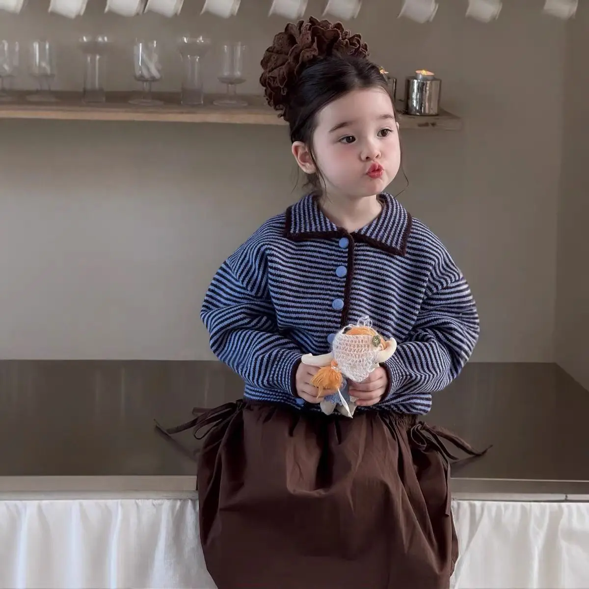 Girls Sweater Autumn 2025 New Korean Version of Children's Knitted Sweater Striped Cardigan Cute Outer
