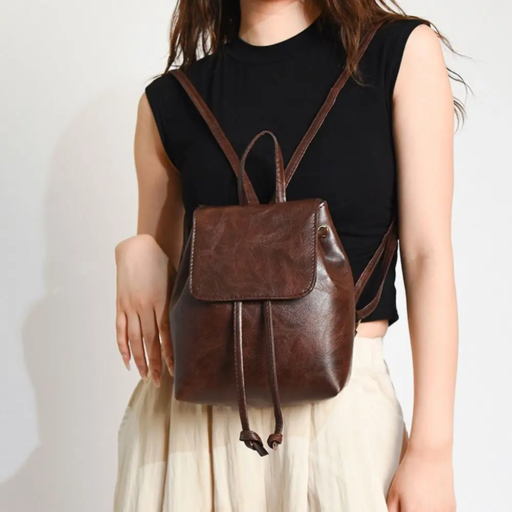 Mini PU PU Backpack Brown Solid Color Solid Color Shoulder Bag Korean Style Handbag Retro Backpack Lady