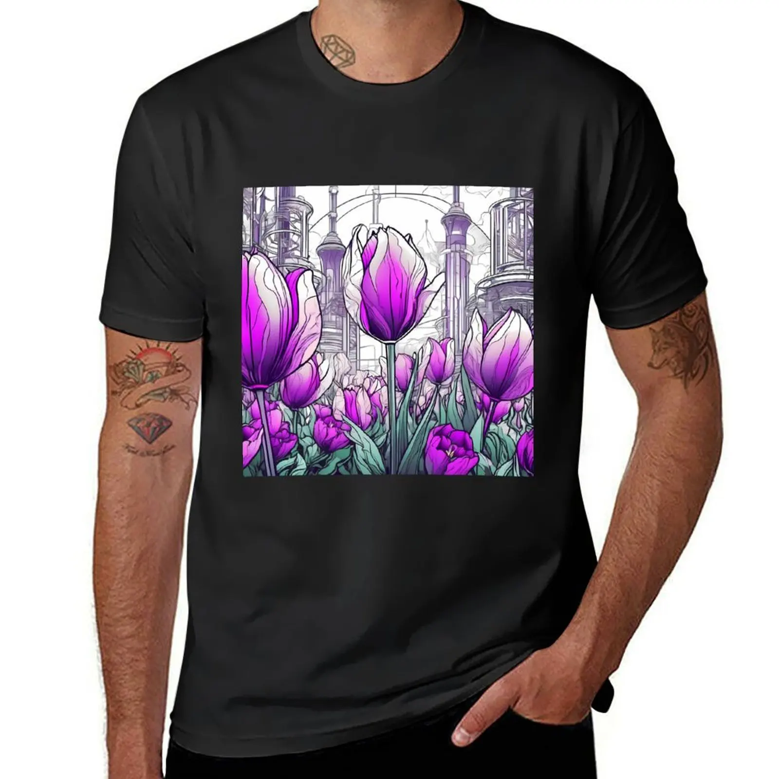 lilac tulips in a cybernetic garden, high contrast flowers white lilac magenta green black T-Shirt