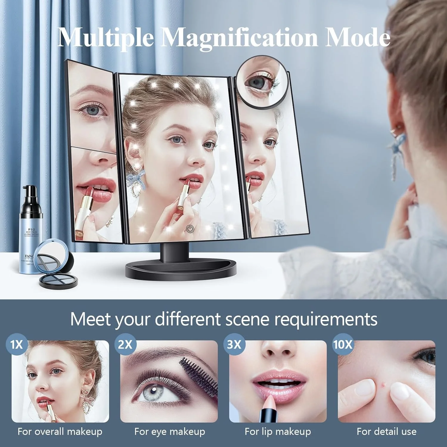 Makeup Mirror Vanity Mirror with Lights, 2X 3X 10X Magnification, Trifold Lighted Makeup Mirror, Touch Control, Dual Power Suppl