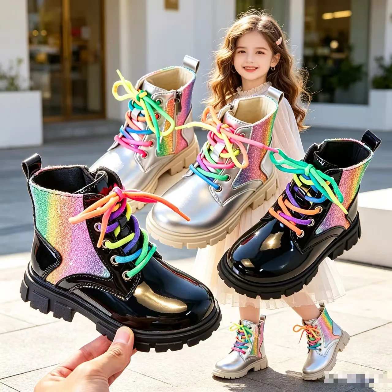 Children Ankle Shoes PU Leather Waterproof Tide Kids Boots Girls Fashion Rainbow Sequins Boots Anti-Slippery Spring Autumn 2026