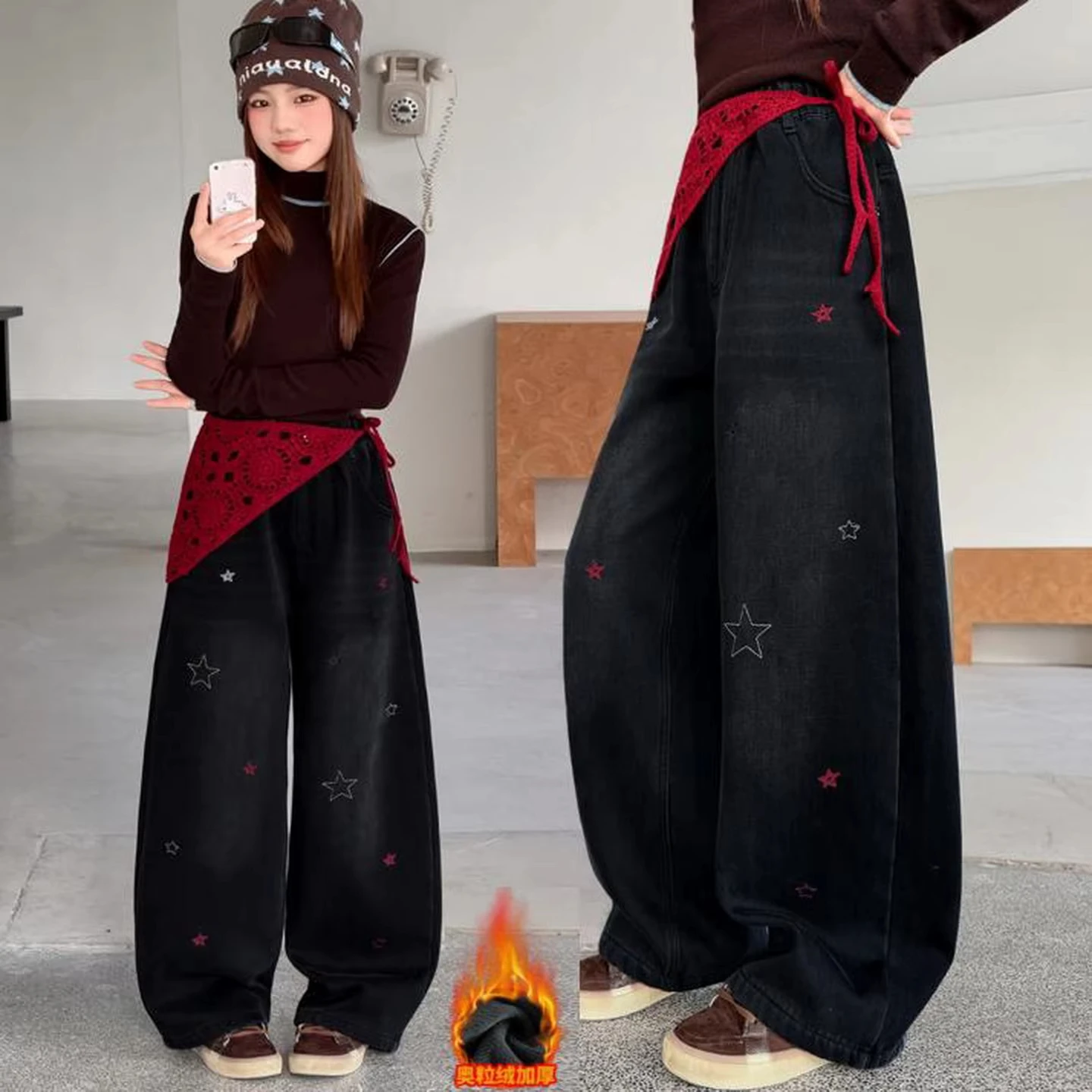 Winter Children Insulated Jeans with Fart Curtain for Kids Fleece Lined Trousers Girls Fashion Star Pattern Warm Denim Pants