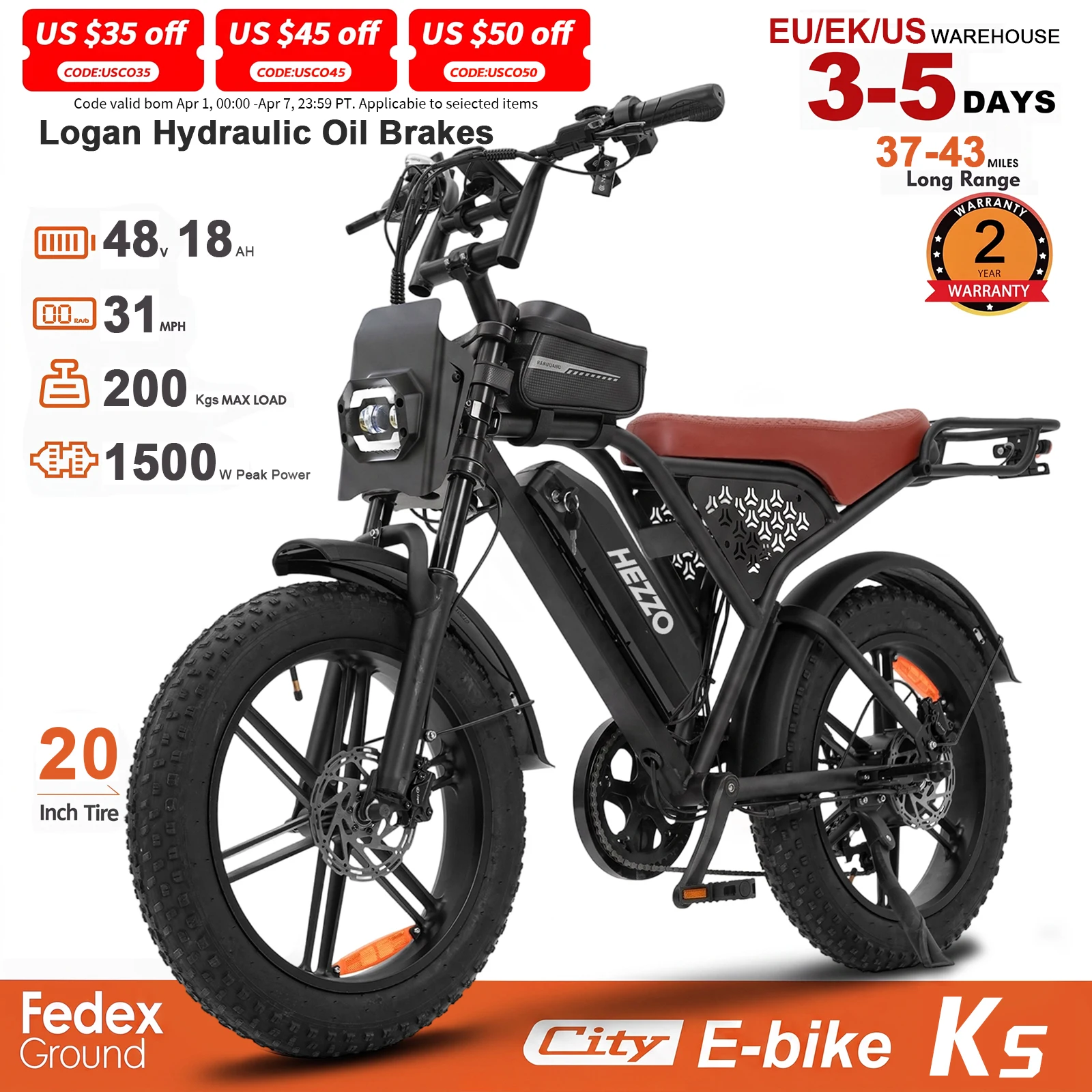 HEZZO K5 Pro 48V Off‑Road Fat Tire Electric Bike, 1500W Peak Power, 20