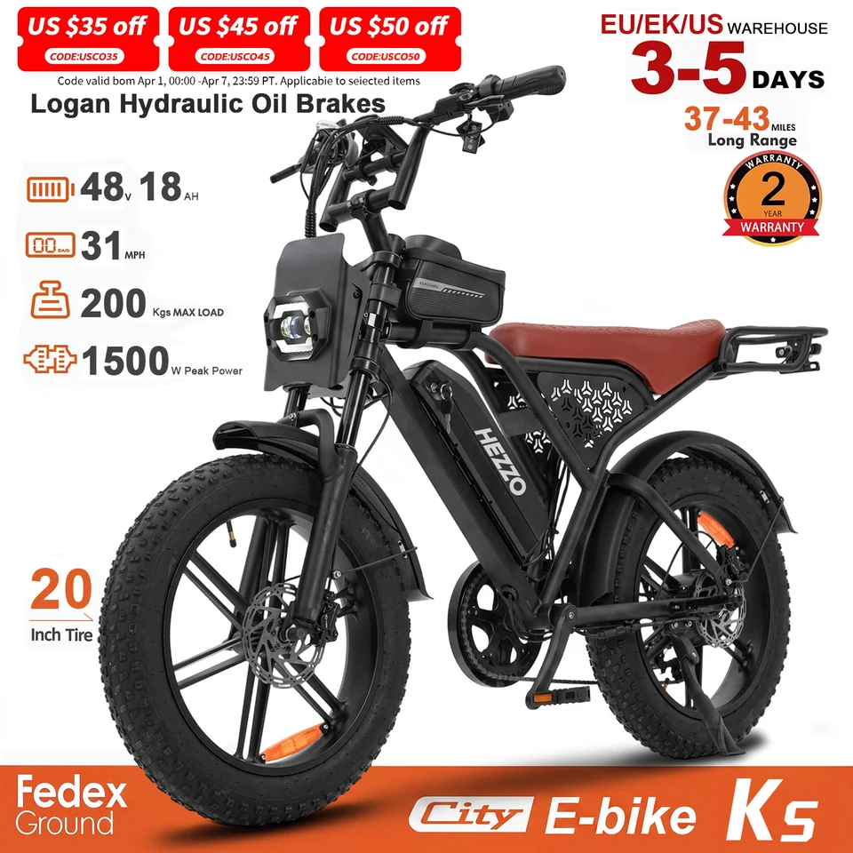 HEZZO K5 Pro 48V Off‑Road Fat Tire Electric Bike, 1500W Peak Power, 20"×4.0 Tire, Dual Shock Absorber, Hydraulic Disc Brakes, 30Ah Large Battery, 75 Miles Max Range, Black/Brown Seat Optional