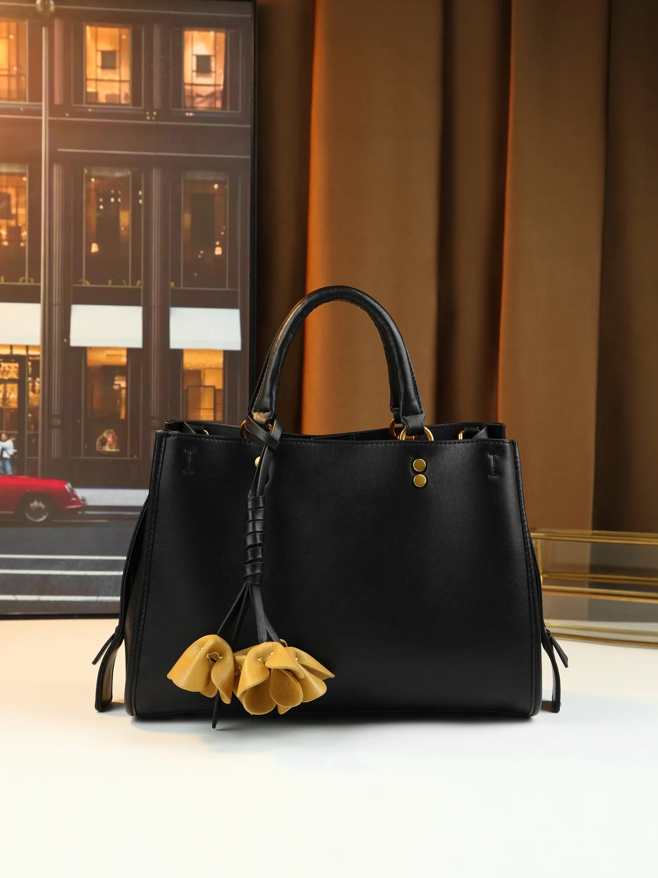 

New Classic Vintage Large Capacity Handheld Tote Bag with 3D Flower Charm Metal Rivet Stylish Commute Daily Travel Bag for Ladies
