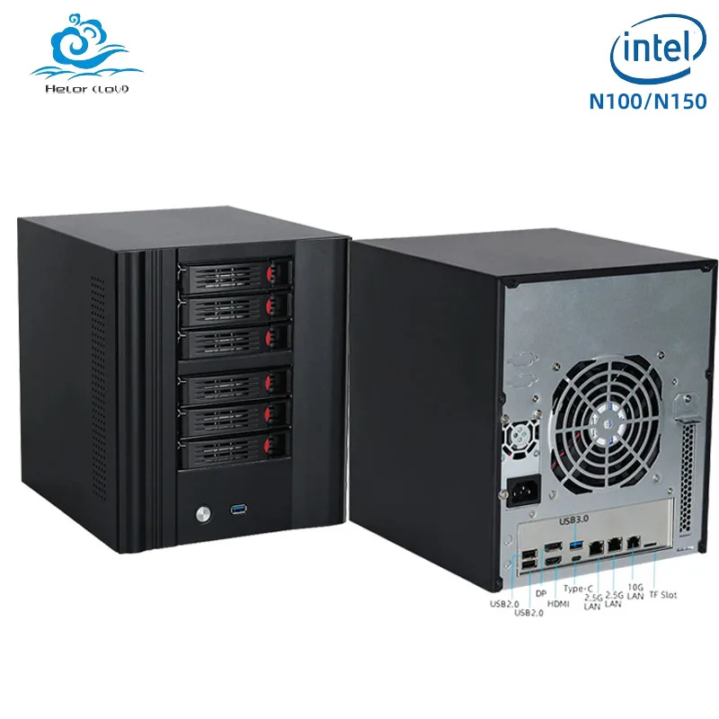 جهاز كمبيوتر صغير Helorpc 6Bay NAS مع Inter N100/150 يدعم RAID Linux كمبيوتر منزلي مع 5xUSB 3xLAN 1xHDMI 1xTF بطاقة Windows10 جاهزة