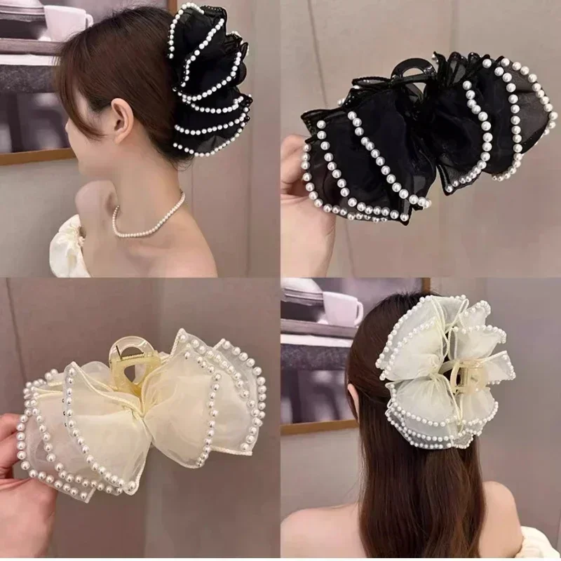 Fashionable Large Butterfly Hair Claw Black Multi-winged Butterfly Pearl Hair Clips Woman Beautiful Headwear